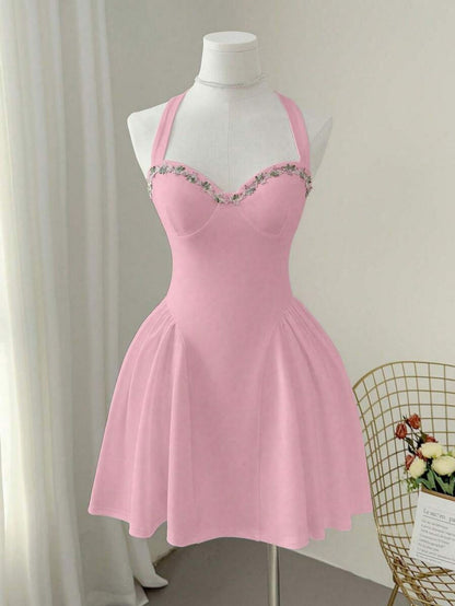 Women Summer Sweet Pink Knittd Mini Suspender Dress Sleeveless Heart Neck Waist Cinching Pleated A-Line Fashion Elegant Dress