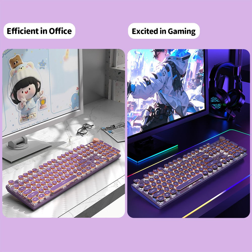 EWEADN V20 Punk Typewriter Teclado Mecânico para Jogos, 104 Teclas Redondas com Retroiluminação LED Branca, Design de Cabo Removível