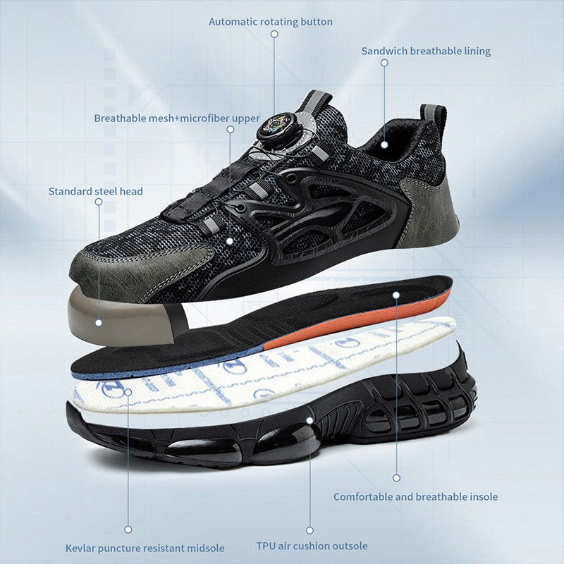 Sapatos de Segurança com Botão Rotativo Masculino Tênis com Bico de Aço e Amortecimento a Ar Sapatos de Trabalho Masculino Botas de Segurança Anti-Furos Calçados de Proteção