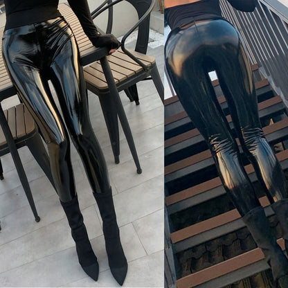 Womens Fashion Patent Leather Latex Pants Wet Look High Waist Stretchy Leggings Skinny Trousers Party Clubwear for Pole Dancing