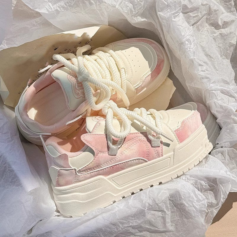 New Fashion Versatile Simple White Shoes Round Toe Thick Sole Lace Up Cute Lightweight Slim Casual Sports Shoes for Women