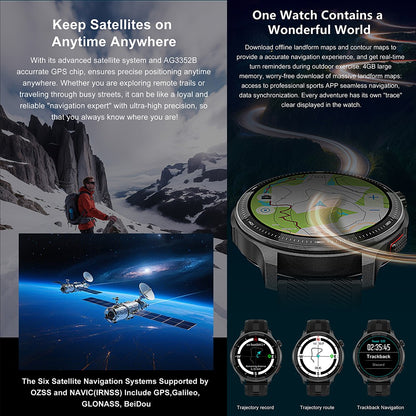 NOVO GPS Mapas Offline Smart Watch 1.43" AMOLED Militar Esportivo Smartwatch 4GB Memória Reprodutor de Vídeo Pulseira à Prova D'água 30m Natação