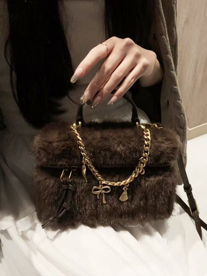 Faux Fur Mini Box Bags Luxury Designer Handbag for Women Trendy Ladies Fashion Casual Chain Elegant Shoulder Bags Crossbody Bag