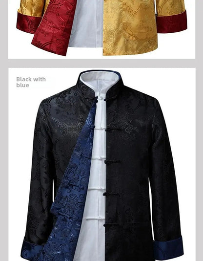 Spring Autumn Double-Sided Wearable Vintage Blazer Jacket Men's Casual Chinese Style Middle-Aged And Elderly Fashion Outerwear