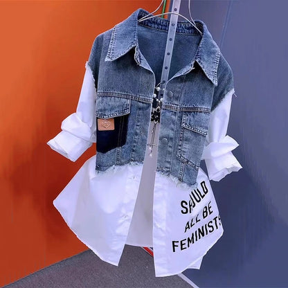 Fashion Denim Shirt Ladies Tops Women New Splicing Denim Jacket Spring Autumn Korean Casual Jean Coat Female Windbreaker