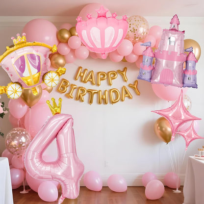 6-Piece Princess Theme Party Decoration Set: Princess Carriage + Pink Castle + 40-inch Numbers + Crown Heart + Star Foil Balloon