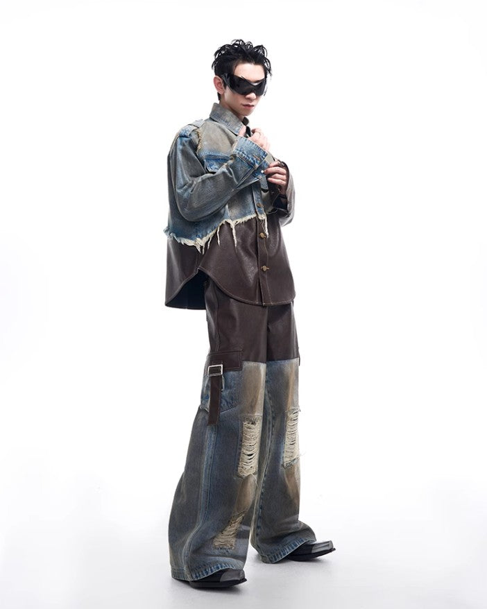 2024 American vintage do old piece-leather destruction denim jacket men fall dirty jacket