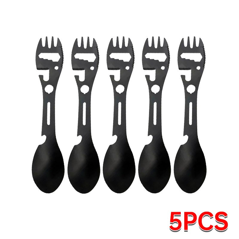 Outdoor Multi-functional 5-in-1 EDC Camping Survival Tool Stainless Steel Fork Knife Spoon Can Opener Bottle Opener Wrench
