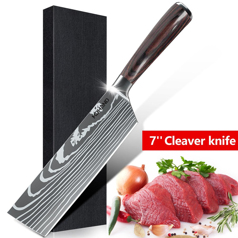 MDHAND Conjunto de Facas de Chef com Padrão de Damasco a Laser de 1 a 10 peças, Fatiador de Carne em Aço Inoxidável, Cutelo com Cabo de Madeira Antiderrapante, Coleção