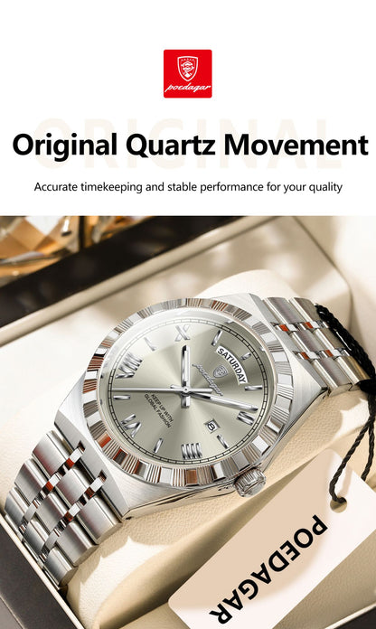 POEDAGAR Luxury Business Man Watch Week Date Waterproof Luminous Watches For Men Stainless Steel Quartz Fashion Men's Wristwatch