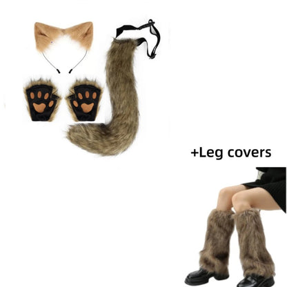 Costume Set Fox Tail Ears Gloves Artificial Fur Boot Covers Cosplay Halloween Prop Adult Women Men Unisex