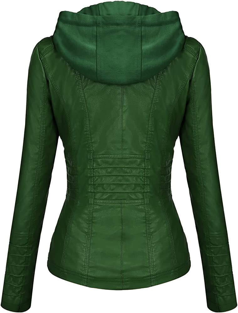 Hooded Leather Jacket Two-Piece Set Removable Large Size Leather Jacket for Women Spring & Fall Outwear for Women Pu Washed Leather