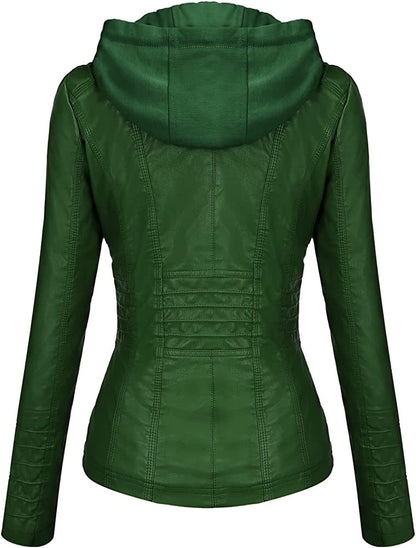 Hooded Leather Jacket Two-Piece Set Removable Large Size Leather Jacket for Women Spring & Fall Outwear for Women Pu Washed Leather