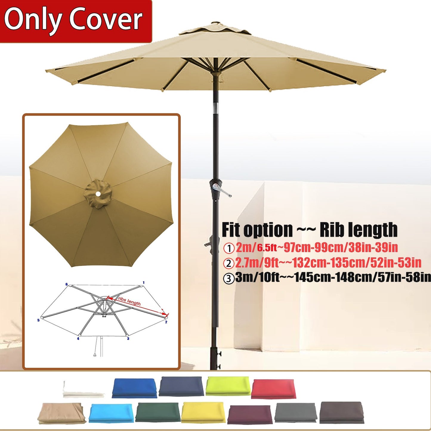 Green Replacement Umbrella Canopy 27m 8 Ribs Waterproof Garden Backyard Pool Cantilever Sunshade 9FT 10FT 6 Ribs 8 Ribs Cover