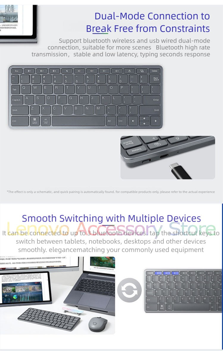 Teclado Bluetooth sem fio Lenovo Xiaoxin Air conecta 3 dispositivos Windows10 iPadOS15 Android10 para laptop, notebook, tablet, celular