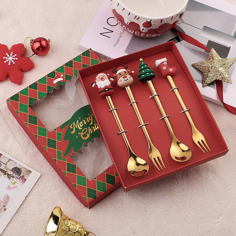 1 Set Christmas Fork And Spoon Tableware Gift Box , Stainless Steel Tableware, Coffee, Tea And Dessert Fork And Spoon