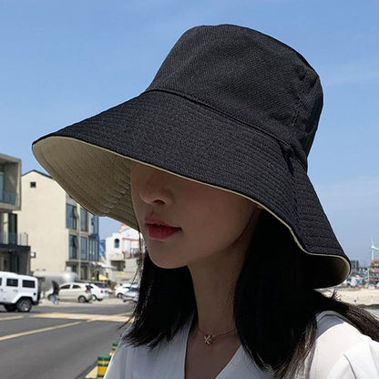 Double-Sided Sun Beach Cap Portable Fisherman Cap Foldable Panama Hat Solid Color Anti-UV Spring Summer Outdoor Beach Visor
