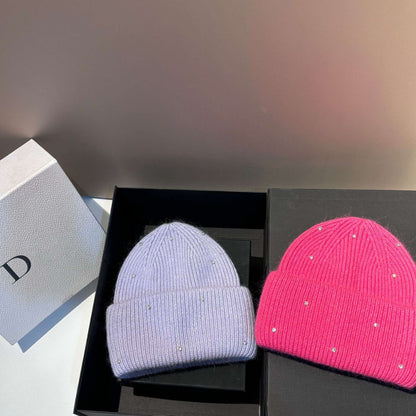 Rhinestone Decor Rabbit Fur Knitted Hat Warm Ear Flap Beanie for Women Luxury Soft Slouchy Cap Face Slimming Design