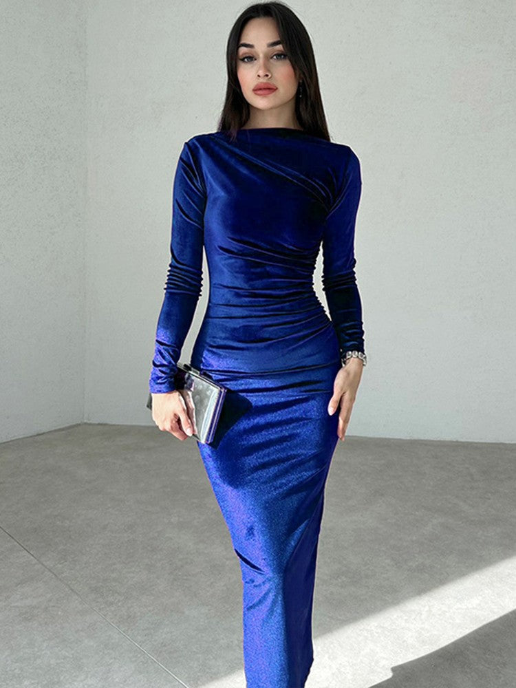Dulzura 2024 Spring Summer Velvet Long Sleeve Midi Dress For Women Ruched Long D