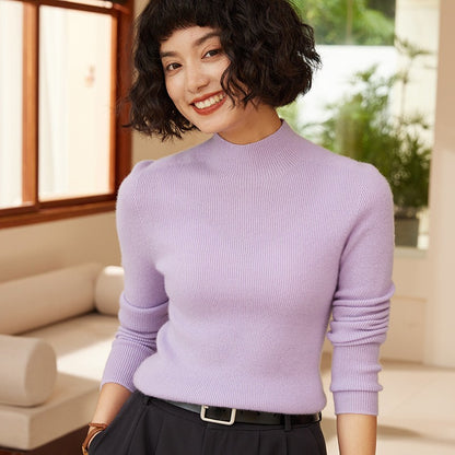 Autumn and winter new women's 100% pure cashmere semi high neck pullover sweater knitted slim fit hot selling women's top