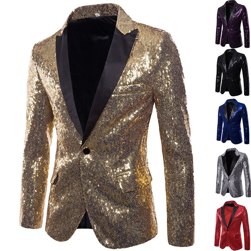 Men's Suit Round Sequin Pocket Single Row Button Wedding Groom Stage Show Hosting Dinner Menswear Bar Dance Casual Men Blazer