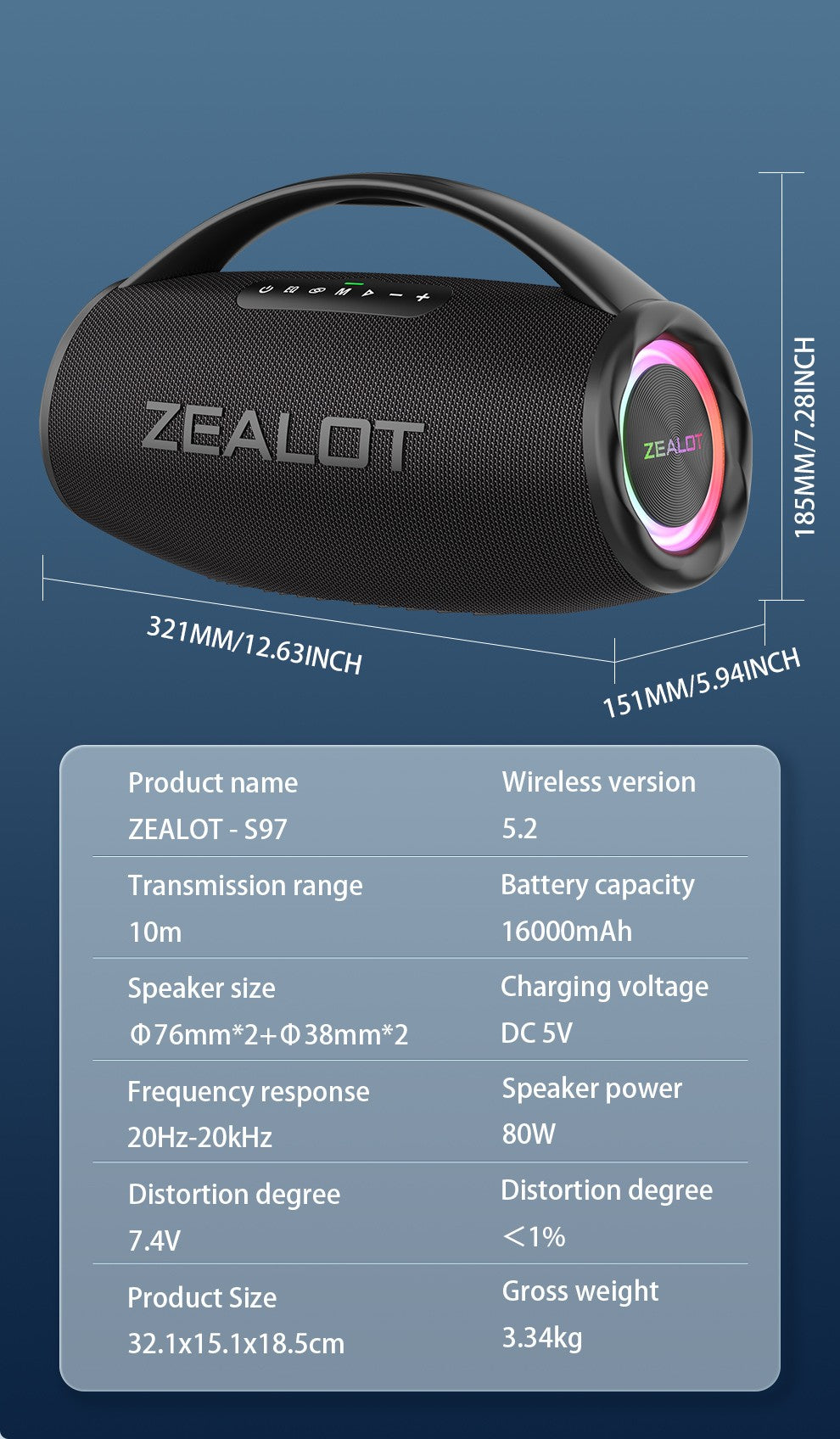 Alto-falante sem fio ZEALOT S97 80W, Subwoofer portátil para uso externo, Qualidade de som Hifi, Emparelhamento duplo, Carregamento rápido, 16000mAh.