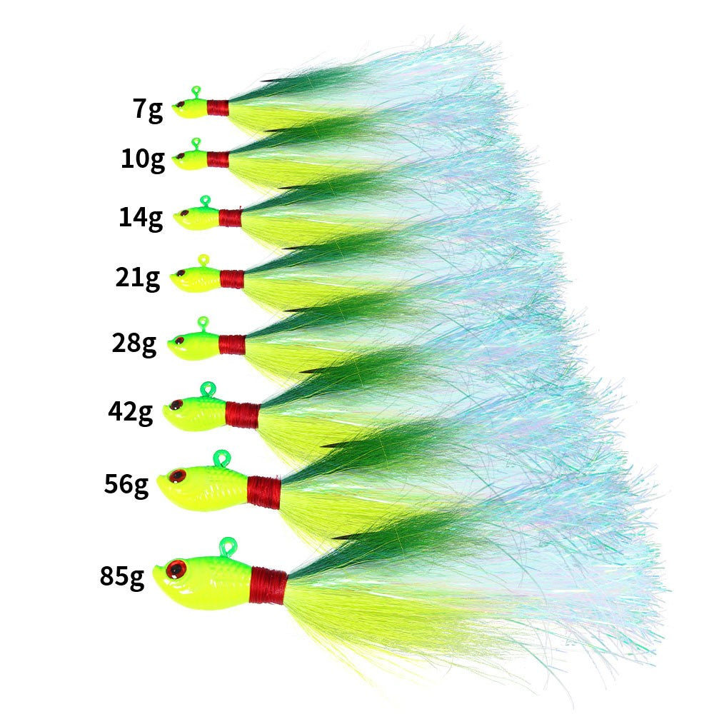 Jigs de Bucktail Cabeça Anzol Olhos 3D Isca 7g 14g 28g 56g Pelo de Veado Pena Anzol Barba Isca de Jigging Pesca