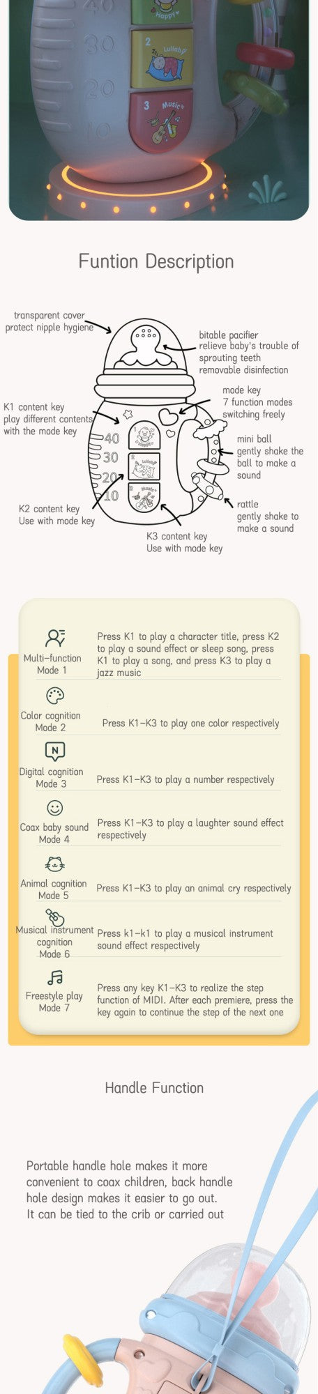 Educational Rattles Toy Musical Feeding Bottle Pacifier Newborn Soft Glue Teether Baby Mobile Rattles Toys Soothing Vocal Music