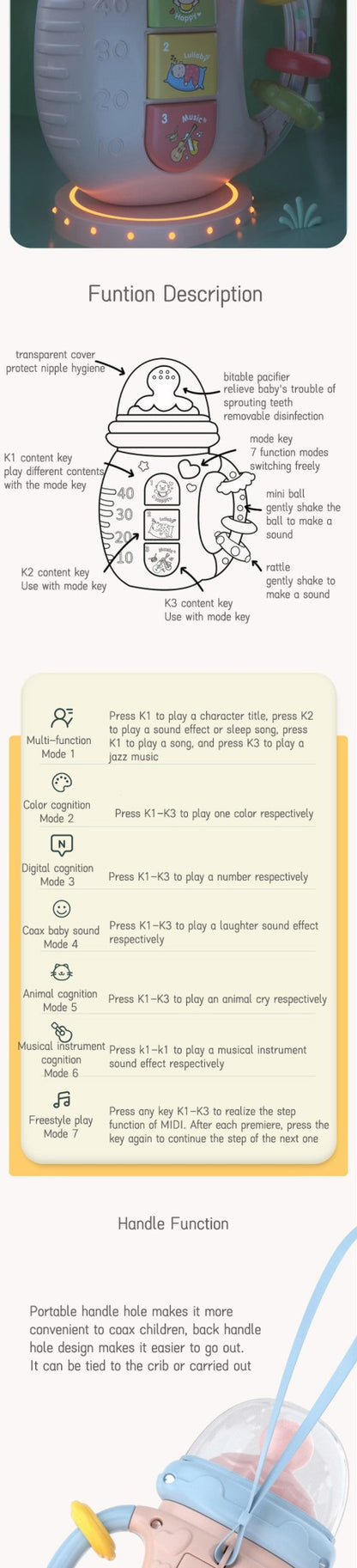 Educational Rattles Toy Musical Feeding Bottle Pacifier Newborn Soft Glue Teether Baby Mobile Rattles Toys Soothing Vocal Music