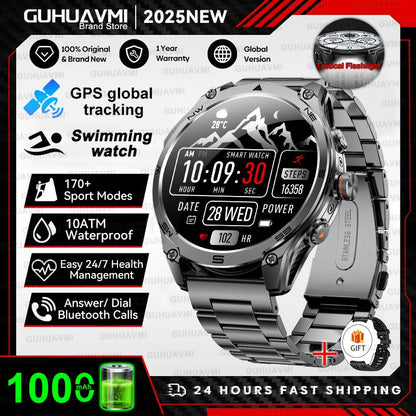 2025 Novo Smartwatch Esportivo Militar para Homens GPS Exterior com GNSS de Banda Dupla Integrado Bússola Altímetro 10ATM Chamada Bluetooth