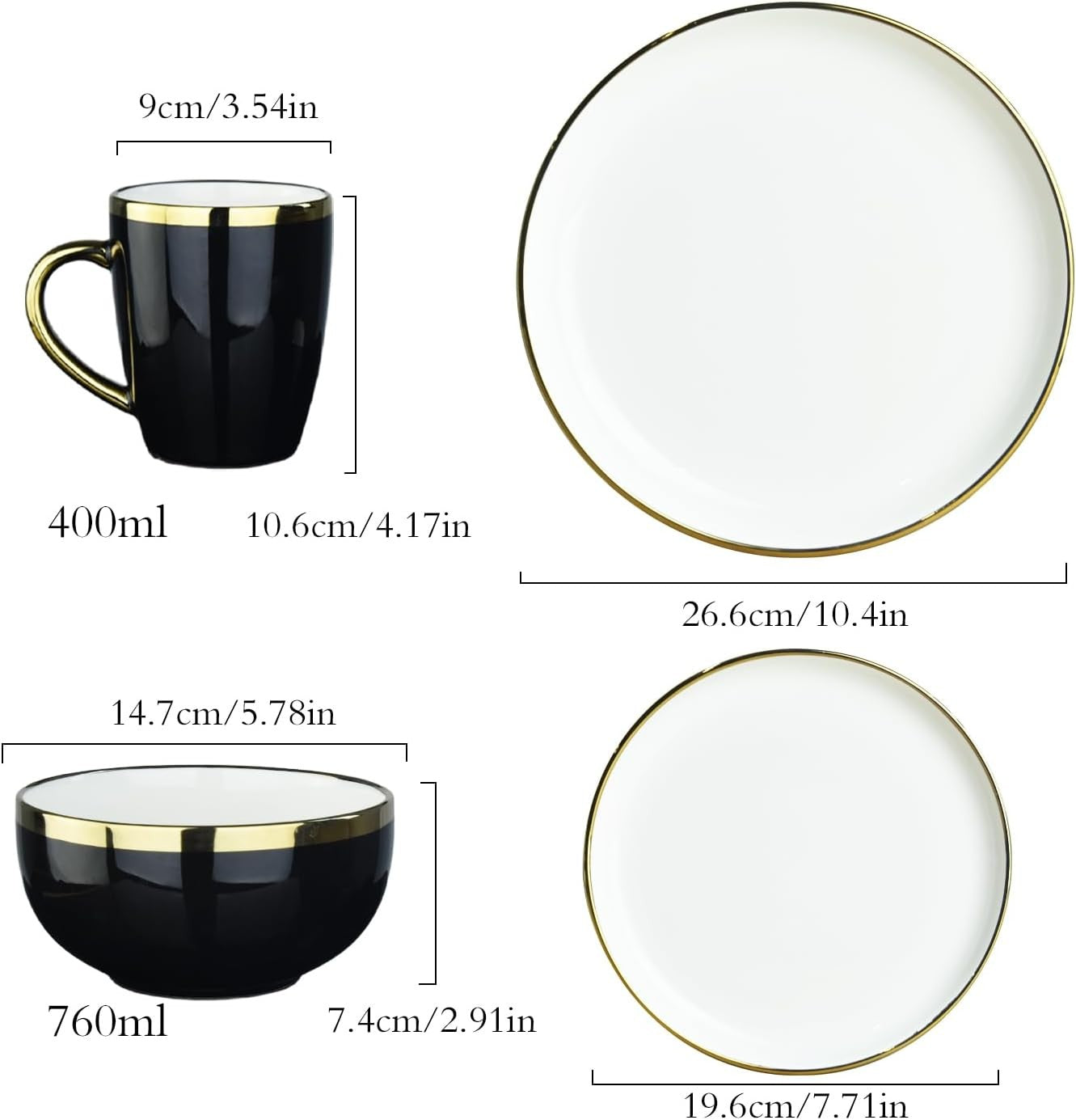 Black Ceramic Dinnerware Sets for 4, 16-Piece Contrast Plates and Bowls Set with Gold Rim, Crack Resistant | Dishwasher & Freeze