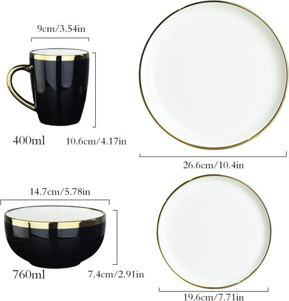 Black Ceramic Dinnerware Sets for 4, 16-Piece Contrast Plates and Bowls Set with Gold Rim, Crack Resistant | Dishwasher & Freeze