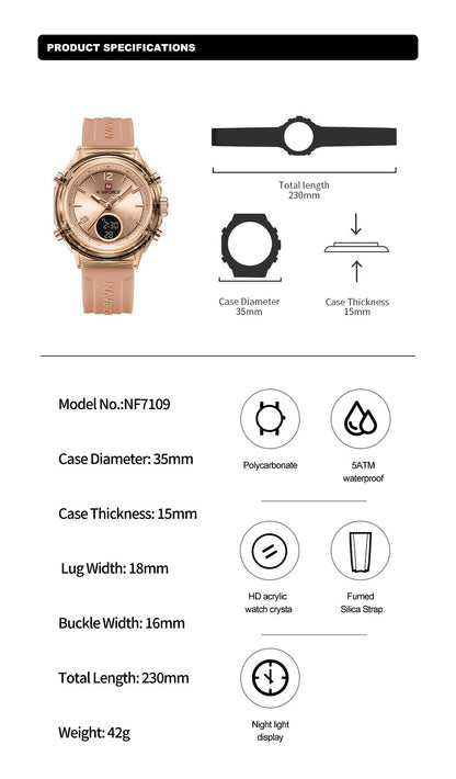 NAVIFORCE Top Brand Women's Watch Outdoor Sports Waterproof Watches Dual Time Display Quartz Wristwatches Rubber Digital Clock