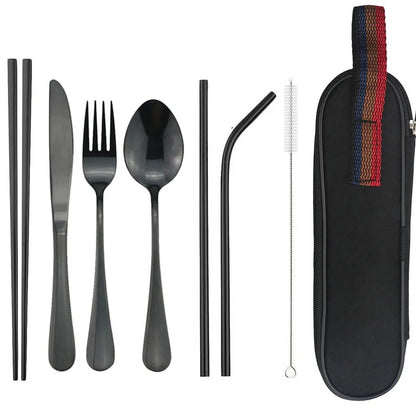Travel Hiking Portable Dinnerware Set with Pouch Reusable Stainless Steel Straw Cutlery Knife Spoon Fork Chopsticks Silverware