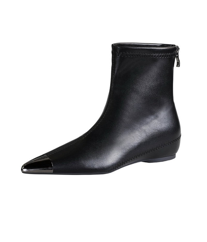 Retro European American Style Versatile Low Heel Heel Heightened Metal Pointed Iron Head Short Tube Women's Boots Short Boots