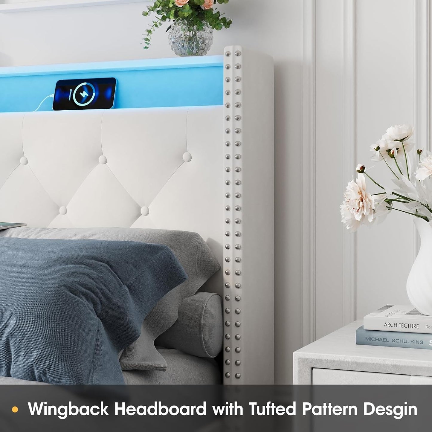 Full Size Bed Frame with LED Headboard & Lift Up Storage, Velvet Upholstered Platform Bed Frame with Led Light and Charg