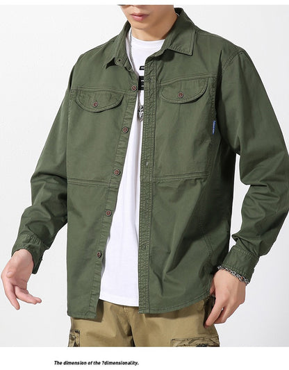 Men Slim Fit Turn-Down Collar Loose Cargo Shrit Spring Autumn Casual Wash Cotton Safari Style Jacket with Multiple Pockets Coat