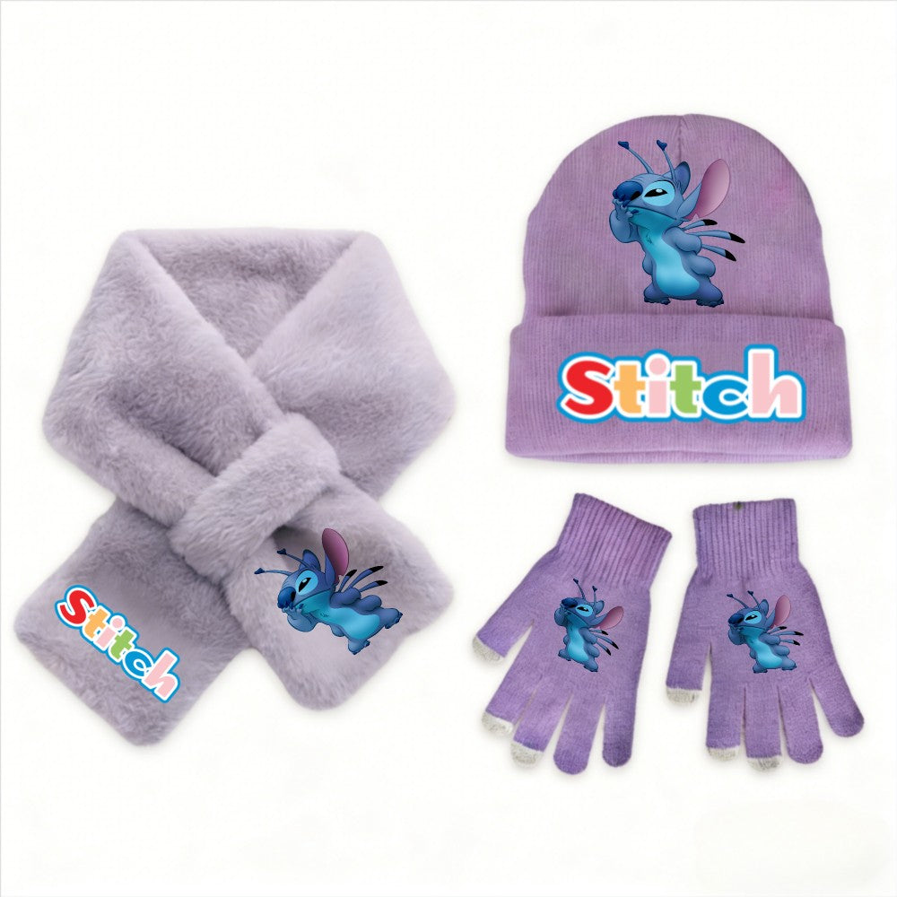Conjunto de 3 peças de chapéu, cachecol e luvas de malha de inverno Stitch Disney Kawaii quente para meninas Acessórios casuais de moda infantil presente de Natal perfeito
