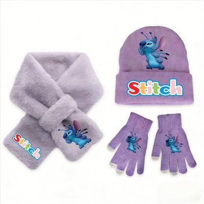 Conjunto de 3 peças de chapéu, cachecol e luvas de malha de inverno Stitch Disney Kawaii quente para meninas Acessórios casuais de moda infantil presente de Natal perfeito