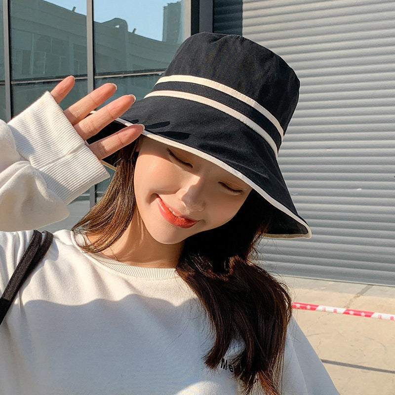 Women Summer Wide Brim Striped Bucket Hat Soft Cotton Fordable Panama Cap For Lady Outdoor Solid Color JK Beach Tour Basin Hat