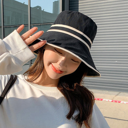 Women Summer Wide Brim Striped Bucket Hat Soft Cotton Fordable Panama Cap For Lady Outdoor Solid Color JK Beach Tour Basin Hat