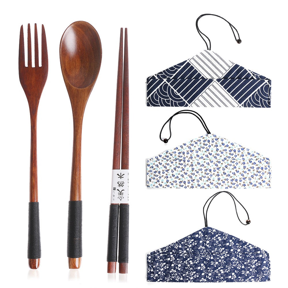 Conjunto de Talheres de Madeira Colher Garfo Cortador Reutilizável Madeira Bambu com Bolsa Portátil Louça Utensílios de Mesa Material para Almoço Estudantil