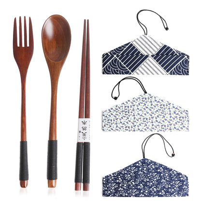 Conjunto de Talheres de Madeira Colher Garfo Cortador Reutilizável Madeira Bambu com Bolsa Portátil Louça Utensílios de Mesa Material para Almoço Estudantil