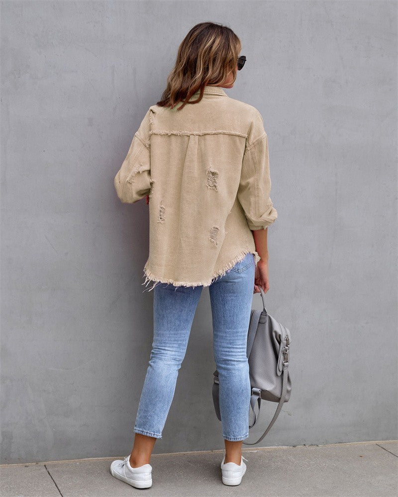 2025 Holes Raw-edges Denim Jacket Women Spring Autumn Shirt Style Jeancoat Casual Top Rose-Red Orange Purple Outerwear Lady Coat