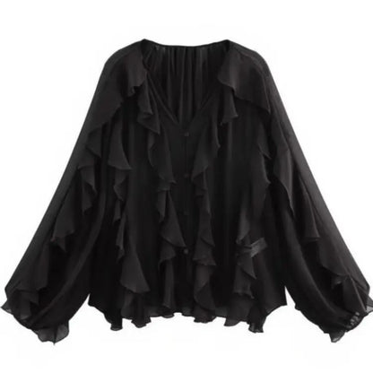 2025 Summer Chic Women's Elegant Loose Long Sleeve Layered Shirts Office Lady Vintage V-neck Translucent Tierred Ruffles Blouses