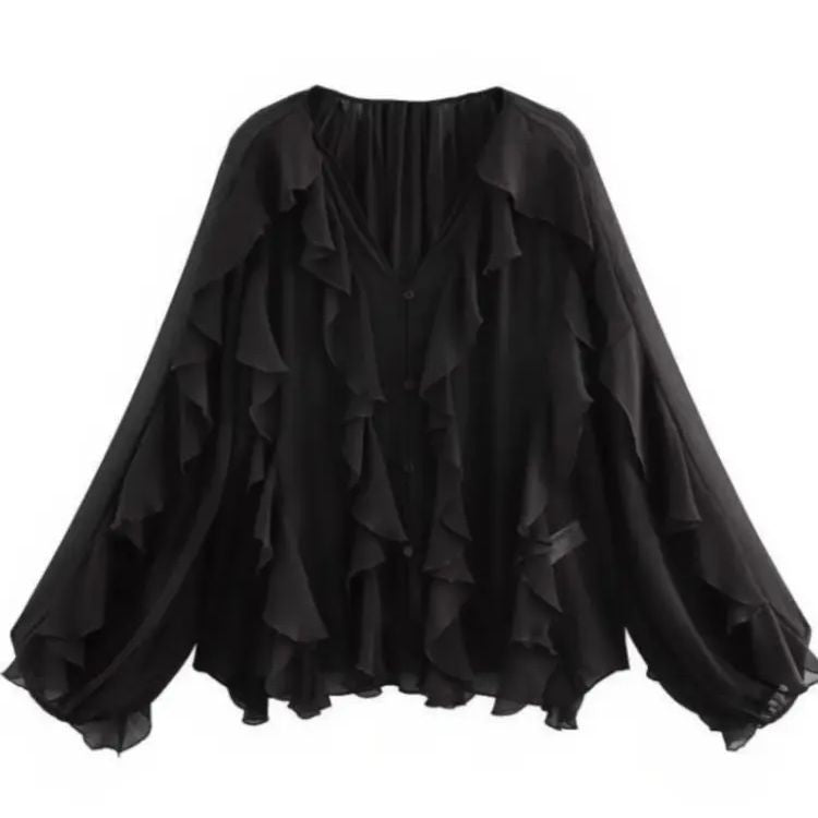 2025 Summer Chic Women's Elegant Loose Long Sleeve Layered Shirts Office Lady Vintage V-neck Translucent Tierred Ruffles Blouses