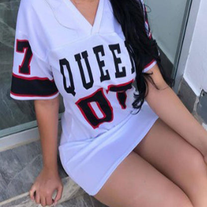 Fashion V-Neck Queen Letters Print Dress Short Sleeve Basketball Sporty Style Sexy Loose Female Clothing Streetwear Loungewear