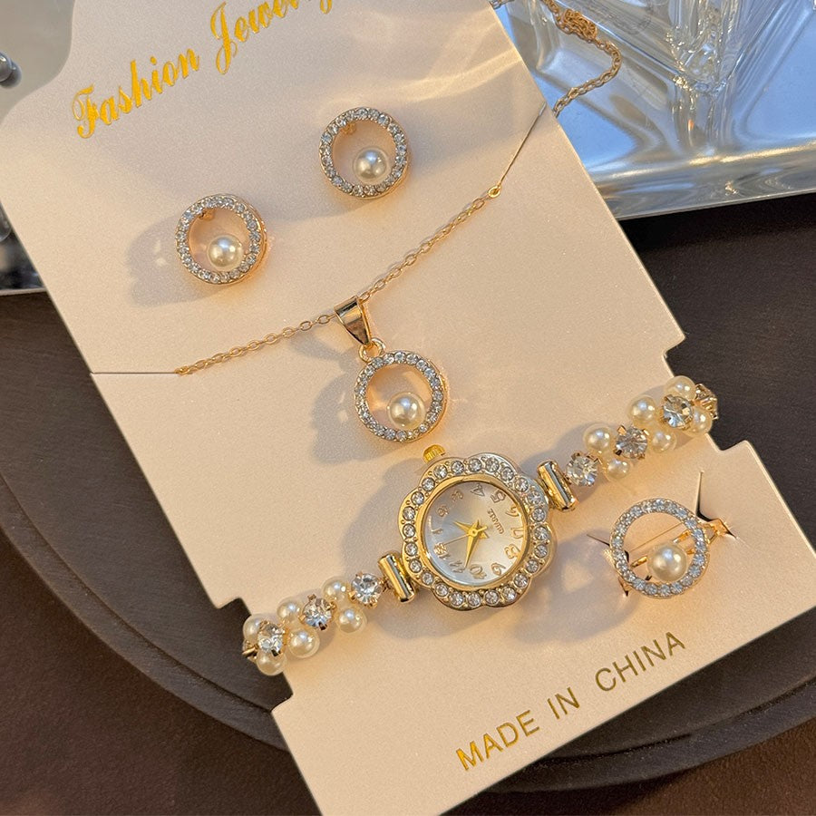 4-Piece Set Pearl Watch Chain Arabic Numeral Quartz Watch Large Pearl Necklace Diamond-Encrusted Ring And Earrings Jewelry Gift