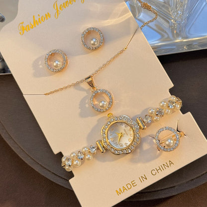 4-Piece Set Pearl Watch Chain Arabic Numeral Quartz Watch Large Pearl Necklace Diamond-Encrusted Ring And Earrings Jewelry Gift