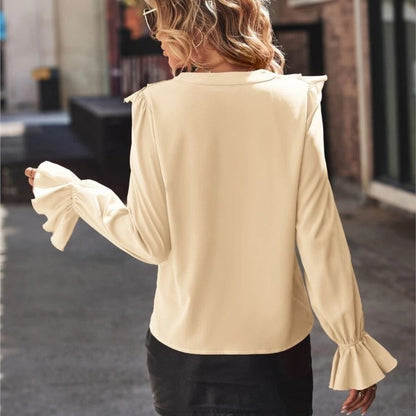 Spring Autumn Fashionable Shirts Solid Color Casual Loose Commuting Style Tops Long Sleeves Ruffled V-neck Bell Sleeves Clothes